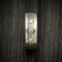 Damascus Steel Ring with 14K Gold Inlays and Lab Diamonds