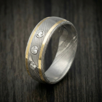 Damascus Steel Ring with 14K Gold Inlays and Lab Diamonds