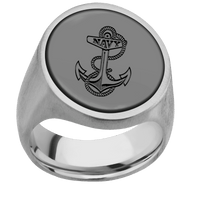 Extra Large Oval signet ring (24x20mm) in Platinum, with a Wide style band, a Zirconium inlay and a Navy Anchor engraving.