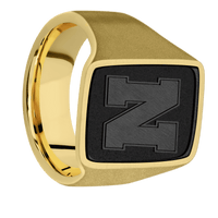 Large Rectangle signet ring (20x14.5mm) in 14K Yellow Gold, with a Wide style band, a Zirconium inlay and a Nebraska Block N Rev engraving.