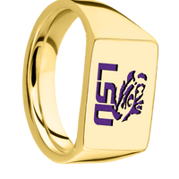 Medium Horizontal Rectangle signet ring (16x11.5mm) in 14K Yellow Gold, with a Wide style band and a Louisiana State LSU Tiger Eye Combo engraving.