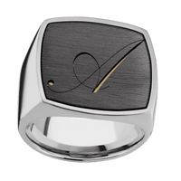 Extra Large Cushion signet ring (22x22mm) in Titanium, with a Wide style band, a Zirconium inlay and a Kunstler Script 1 engraving.