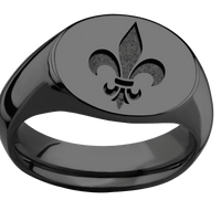 Medium Horizontal Oval signet ring (16x13mm) in Zirconium, with a Wide style band and a Fleur De Lis engraving.
