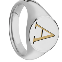 Medium Circle signet ring (14mm) in Titanium, with a Wide style band and a Book Antiqua 1 engraving.