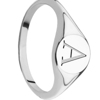 Small Circle signet ring (10mm) in Cobalt Chrome, with a Thin style band and a Book Antiqua 1 engraving.