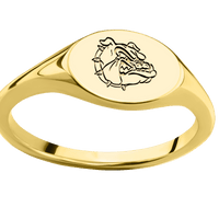 Small Horizontal Oval signet ring (12x9mm) in 14K Yellow Gold, with a Thin style band and a Gonzaga Bulldog Head engraving.