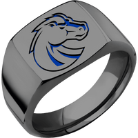Medium Cushion signet ring (14x14mm) in Zirconium, with a Wide style band and a Boise State Bronco engraving.
