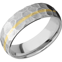 7mm wide Domed Platinum Ring with Rock Finish / One 1mm Off Center 14k Yellow Gold Inlay