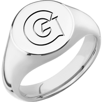 Medium Circle signet ring (14mm) in 14K White Gold, with a Wide style band and a Georgetown Block G engraving.