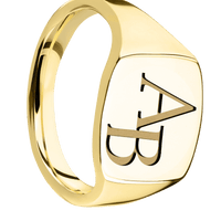 Medium Cushion signet ring (14x14mm) in 14K Yellow Gold, with a Thin style band and a Book Antiqua 2 engraving.