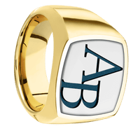 Large Cushion signet ring (18x18mm) in 14K Yellow Gold, with a Wide style band, a 14K White Gold inlay and a Book Antiqua 2 engraving.