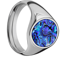 Medium Oval signet ring (16x13mm) in Titanium, with a Wide style band, a Blue Purple Abalone inlay.