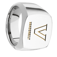 Large Cushion signet ring (18x18mm) in Cobalt Chrome, with a Wide style band and a Vanderbilt Stacked Athletic V Vanderbilt Lock Up engraving.