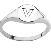 Small Circle signet ring (10mm) in Cobalt Chrome, with a Thin style band and a Vanderbilt Athletic V engraving.