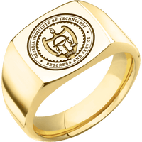 Medium Cushion signet ring (14x14mm) in 10K Yellow Gold, with a Wide style band and a Georgia Tech University Seal engraving.