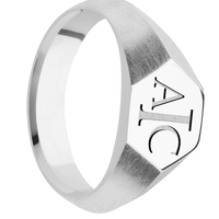 Small Hexagon signet ring (11.5x10) in Cobalt Chrome, with a Wide style band and a Book Antiqua 3 engraving.