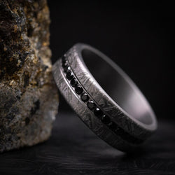 Tantalum Men's Ring With Faux-Meteorite Pattern and Black Diamonds Custom Band