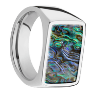 Large Horizontal Rectangle signet ring (20x14.5mm) in Palladium Silver, with a Wide style band, an Abalone inlay.