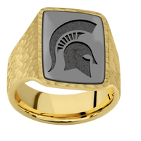 Large Rectangle signet ring (20x14.5mm) in 18K Yellow Gold, with a Wide style band, a Zirconium inlay and a Michigan State Spartan Helmet engraving.