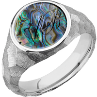 Medium Circle signet ring (14mm) in Palladium Silver, with a Wide style band, an Abalone inlay and a Kunstler Script 2 engraving.