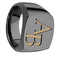 Large Cushion signet ring (18x18mm) in Zirconium, with a Wide style band and a Book Antiqua 2 engraving.