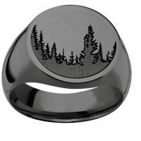 Large Circle signet ring (18mm) in Zirconium, with a Wide style band and a Trees engraving.