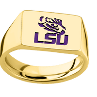Medium Horizontal Rectangle signet ring (16x11.5mm) in 14K Yellow Gold, with a Wide style band and a Louisiana State LSU Tiger Eye Combo engraving.