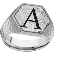 Large Hexagon signet ring (18.5x16mm) in Palladium Silver, with a Wide style band, a Meteorite inlay and a Book Antiqua 1 engraving.
