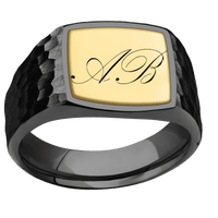 Medium Cushion signet ring (14x14mm) in Zirconium, with a Wide style band, a 18K Yellow Gold inlay and a Kunstler Script 2 engraving.