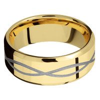 8mm wide Beveled 14k Yellow Gold Ring with Polish Finish / Infinity Design and Crushed Silver Cerakote Accents