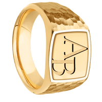 Medium Cushion signet ring (14x14mm) in 14K Yellow Gold, with a Wide style band, a 14K Yellow Gold inlay and a Book Antiqua 2 engraving.
