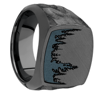 Large Cushion signet ring (18x18mm) in Zirconium, with a Wide style band and a Trees engraving.