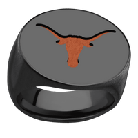 Extra Large Horizontal Oval signet ring (24x20mm) in Zirconium, with a Wide style band and a Texas Longhorn engraving.