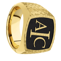 Large Cushion signet ring (18x18mm) in 10K Yellow Gold, with a Wide style band and a Book Antiqua 3 Rev engraving.