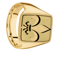 Large Rectangle signet ring (20x14.5mm) in 10K Yellow Gold, with a Thin style band, a 14K Yellow Gold inlay and a Fleur De Lis engraving.