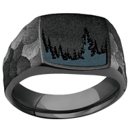 Medium Cushion signet ring (14x14mm) in Zirconium, with a Wide style band and a Trees engraving.