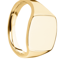 Medium Cushion signet ring (14x14mm) in 10K Yellow Gold, with a Thin style band.
