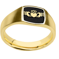 Small Cushion signet ring (10x10mm) in 10K Yellow Gold, with a Wide style band, a 14K Yellow Gold inlay and a Claddagh 4 engraving.