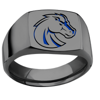 Medium Cushion signet ring (14x14mm) in Zirconium, with a Wide style band and a Boise State Bronco engraving.