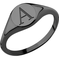Small Circle signet ring (10mm) in Zirconium, with a Thin style band and a Book Antiqua 1 engraving.