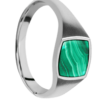 Small Cushion signet ring (10x10mm) in Cobalt Chrome, with a Thin style band, a Malachite inlay.