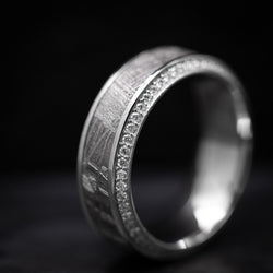 14K White Gold Men's Ring with Meteorite Inlay and Eternity Set Diamonds Custom Made Band