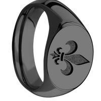 Medium Horizontal Oval signet ring (16x13mm) in Zirconium, with a Wide style band and a Fleur De Lis engraving.