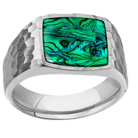 Medium Cushion signet ring (14x14mm) in Palladium Silver, with a Wide style band, a Green Abalone inlay.