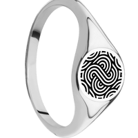 Small Circle signet ring (10mm) in Platinum, with a Thin style band and an Abstract 1 engraving.