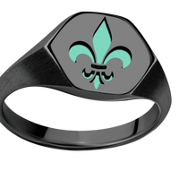 Medium Hexagon signet ring (13.9x12mm) in Zirconium, with a Thin style band and a Fleur De Lis engraving.