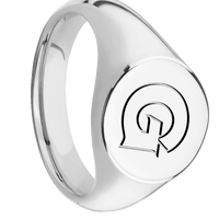 Medium Circle signet ring (14mm) in 14K White Gold, with a Wide style band and a Georgetown Block G engraving.