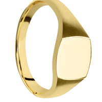 Small Cushion signet ring (10x10mm) in 14K Yellow Gold, with a Thin style band.