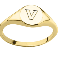 Small Circle signet ring (10mm) in 14K Yellow Gold, with a Thin style band and a Vanderbilt Athletic V engraving.