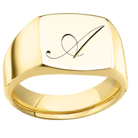 Medium Cushion signet ring (14x14mm) in 10K Yellow Gold, with a Wide style band and a Kunstler Script 1 engraving.